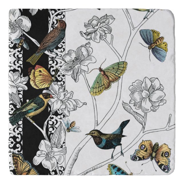 Birds and Butterfly on a Black & White Background Trivet (Front)