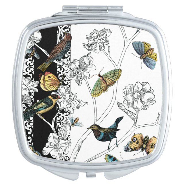 Birds and Butterfly on a Black & White Background Vanity Mirror (Front)
