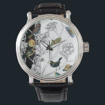 Birds and Butterfly on a Black & White Background Watch<br><div class="desc">Artist Chariklia Zarris is a talented painter and designer. She likes painting birds and wild animals and this picture is no exception. The vivid colors of birds and the butterflies are accentuated by the black and white branches in the background.</div>