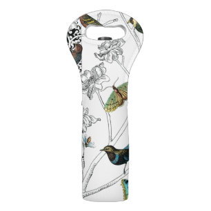 Birds and Butterfly on a Black & White Background Wine Bag
