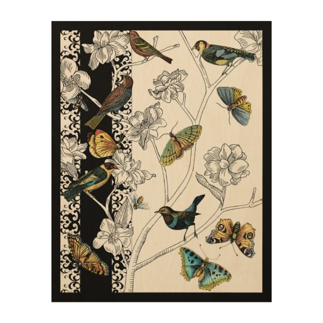 Birds and Butterfly on a Black & White Background Wood Wall Decor (Front)