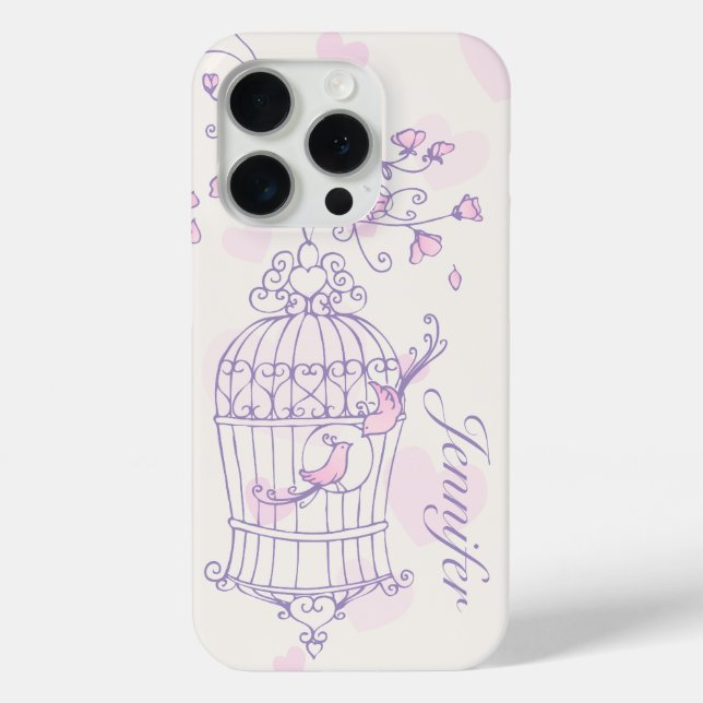 Birds and cage pink & purple name iphone case (Back)