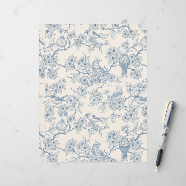 Birds and cherry blossom in blue and off white (Front/Back In Situ)