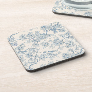 Birds and cherry blossom in blue and off white beverage coaster