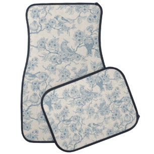Birds and cherry blossom in blue and off white car floor mat
