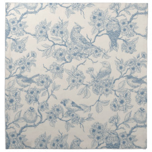 Birds and cherry blossom in blue and off white cloth napkin