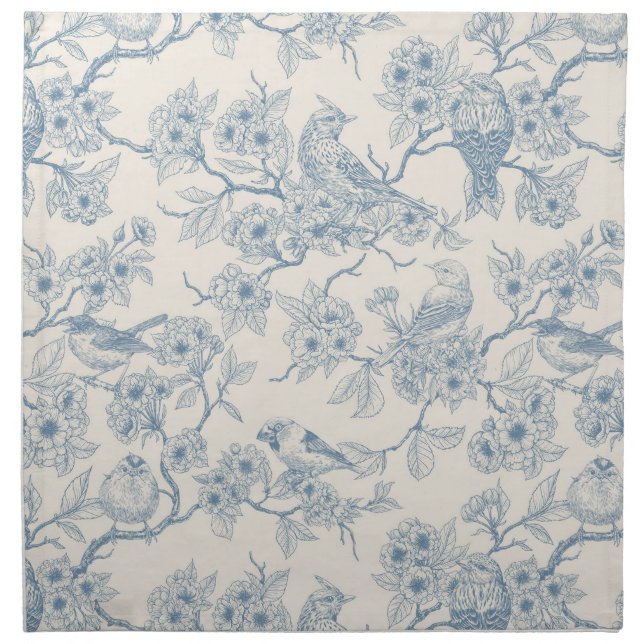 Birds and cherry blossom in blue and off white cloth napkin (Front)