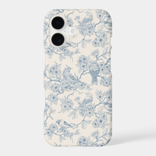 Birds and cherry blossom in blue and off white iPhone case (Back)