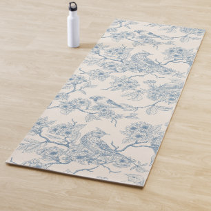 Birds and cherry blossom in blue and off white yoga mat