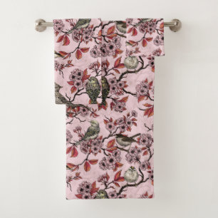 Birds and cherry blossom on rose pink bath towel set