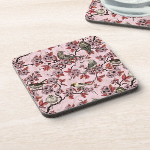 Birds and cherry blossom on rose pink beverage coaster