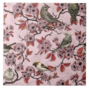 Birds and cherry blossom on rose pink ceramic tile