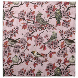 Birds and cherry blossom on rose pink cloth napkin