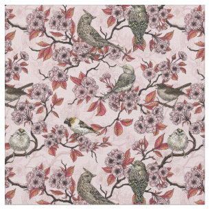 Birds and cherry blossom on rose pink fabric