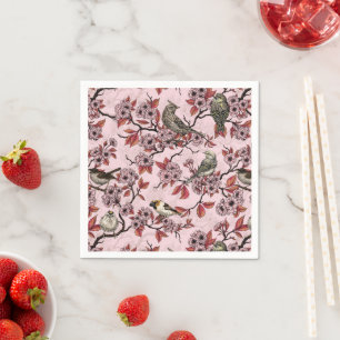 Birds and cherry blossom on rose pink napkins
