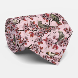 Birds and cherry blossom on rose pink neck tie