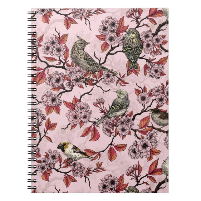 Birds and cherry blossom on rose pink notebook (Front)