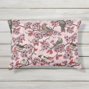 Birds and cherry blossom on rose pink outdoor pillow