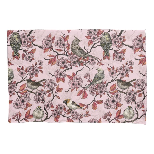 Birds and cherry blossom on rose pink pillow case (Front-Left)