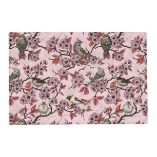 Birds and cherry blossom on rose pink placemat