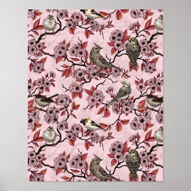 Birds and cherry blossom on rose pink poster (Front)