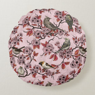 Birds and cherry blossom on rose pink round pillow