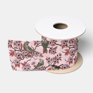 Birds and cherry blossom on rose pink satin ribbon