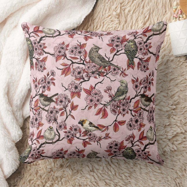 Birds and cherry blossom on rose pink throw pillow (Blanket)