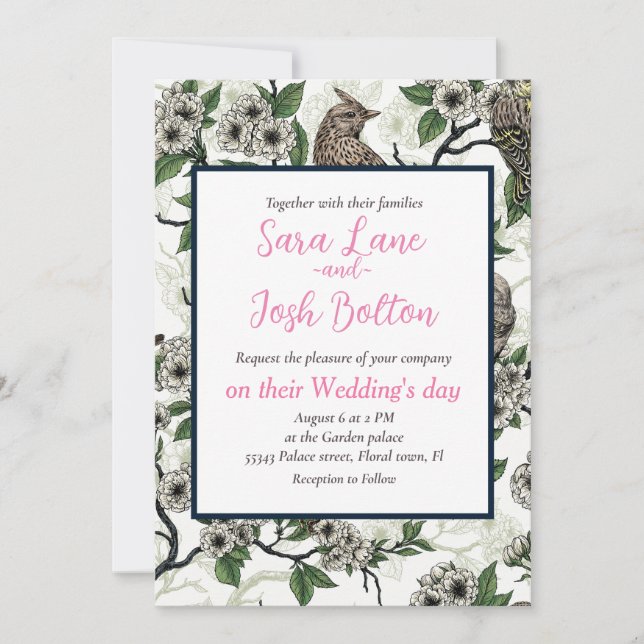 Birds and cherry blossom on white invitation (Front)
