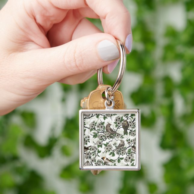 Birds and cherry blossom on white keychain (Hand)