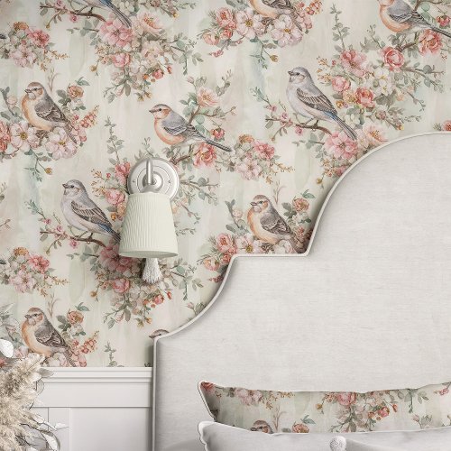 Birds And Cherry Blossoms On Beige Wallpaper