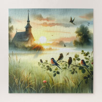 Birds and Church Sunrise Meadow Jigsaw Puzzle