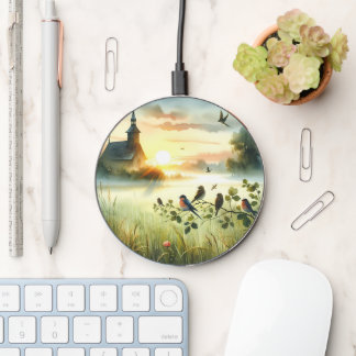 Birds and Church Sunrise Meadow Wireless Charger