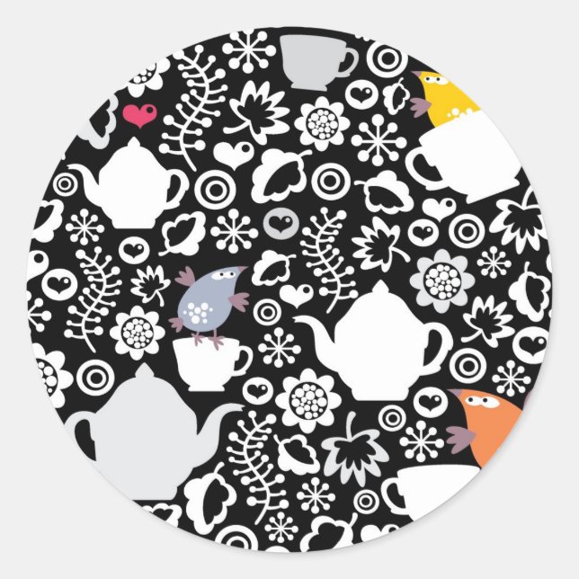 Birds and cups pattern classic round sticker (Front)