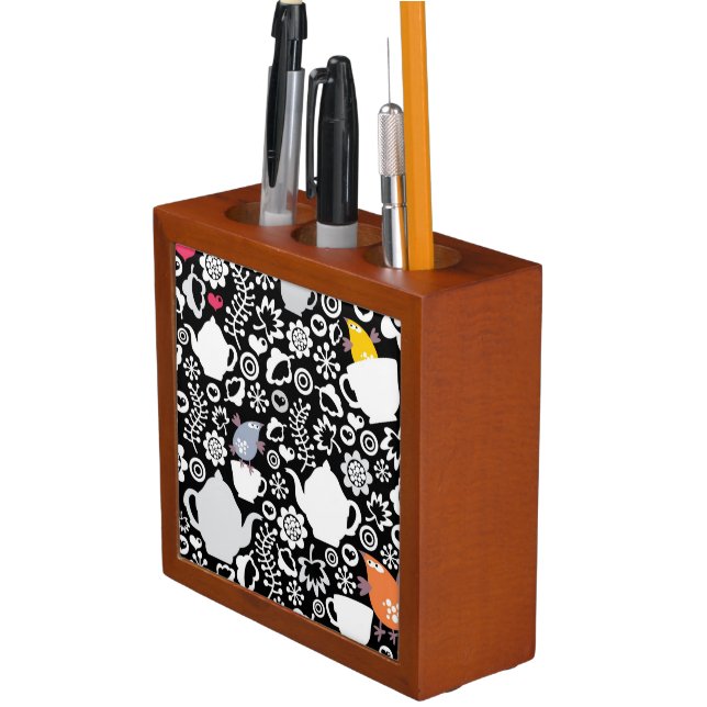 Birds and cups pattern desk organizer (In Situ)