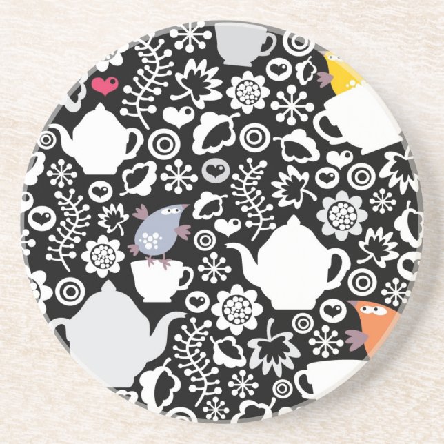 Birds and cups pattern drink coaster (Front)