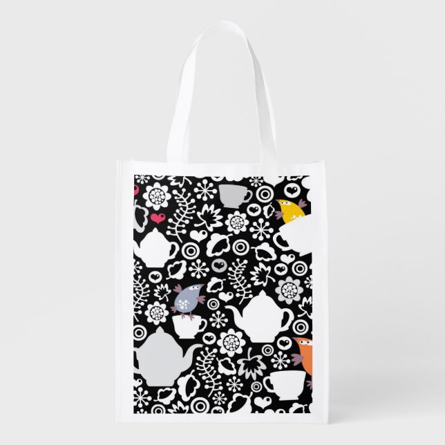 Birds and cups pattern grocery bag (Front)