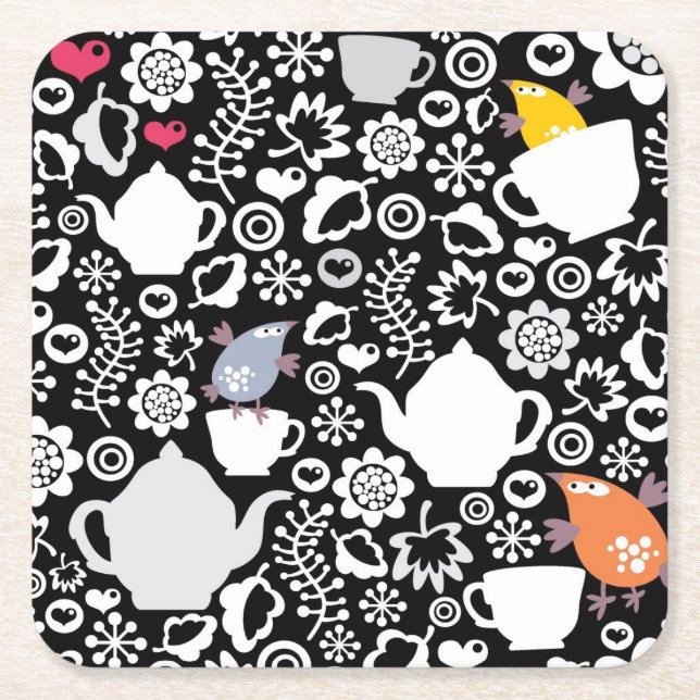 Birds and cups pattern square paper coaster (Front)
