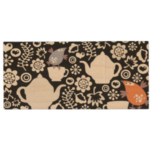 Birds and cups pattern wood flash drive