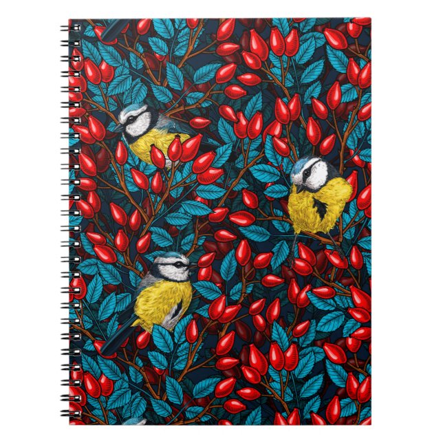 Birds and dog rose hips, blue and red notebook (Front)