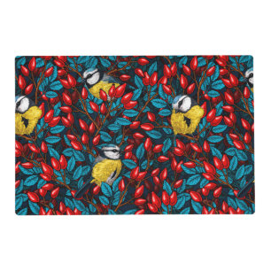 Birds and dog rose hips, blue and red placemat