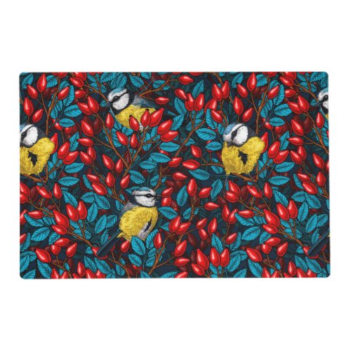 Birds and dog rose hips blue and red placemat