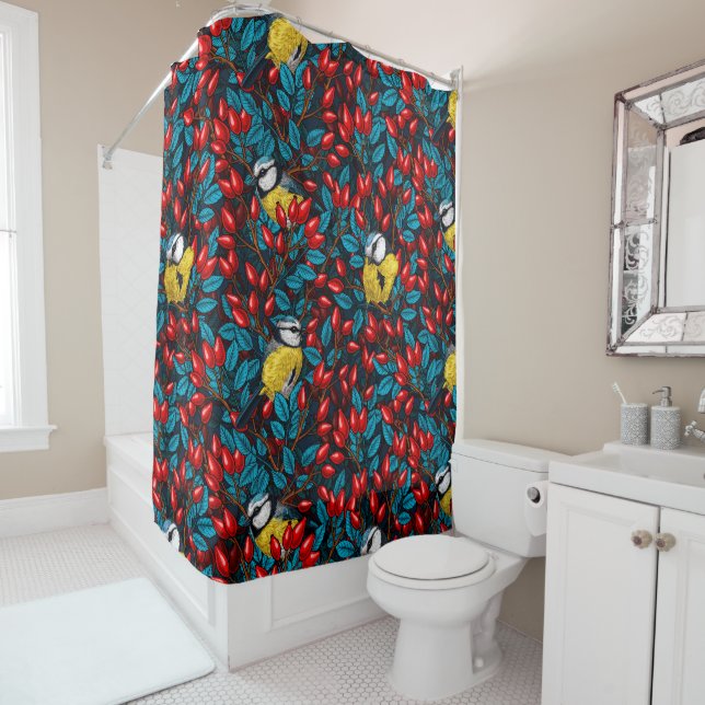 Birds and dog rose hips, blue and red shower curtain (In Situ)
