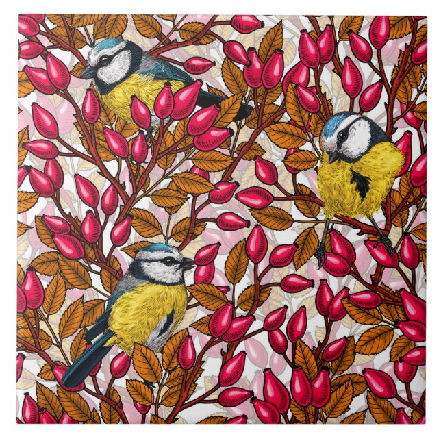 Birds and dog rose hips ceramic tile (Front)