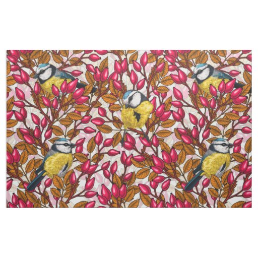 Birds and dog rose hips fabric