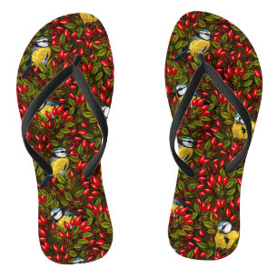 Birds and dog rose hips, green and red flip flops