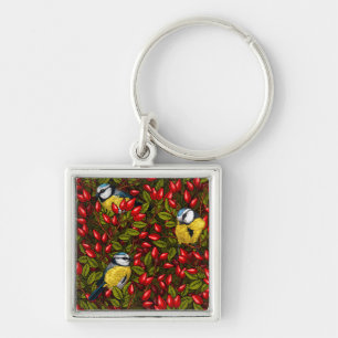Birds and dog rose hips, green and red keychain