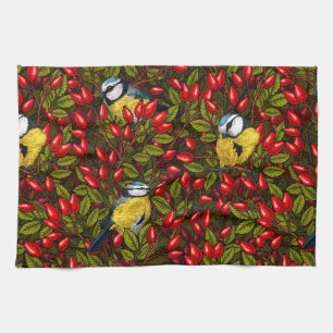 Birds and dog rose hips, green and red kitchen towel