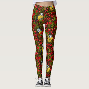 Birds and dog rose hips, green and red leggings