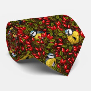 Birds and dog rose hips, green and red neck tie